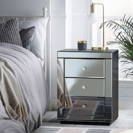 Artiss Bedside Table 3 Drawers Mirrored - PRESIA Silver.