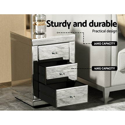 Artiss Bedside Table 3 Drawers Mirrored - PRESIA Silver.