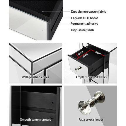 Artiss Bedside Table 3 Drawers Mirrored - PRESIA Silver.