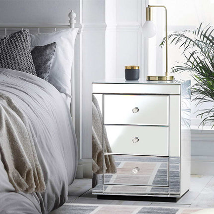 Artiss Bedside Table 3 Drawers Mirrored - PRESIA Silver.