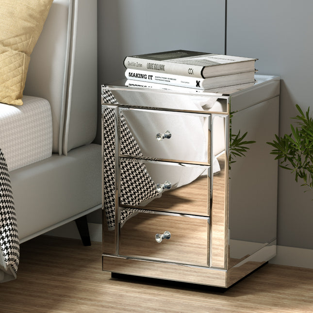 Artiss Bedside Table 3 Drawers Mirrored - PRESIA Silver.