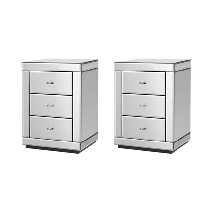 Artiss Set of 2 Bedside Table 3 Drawers Mirrored Glass - PRESIA Silver.
