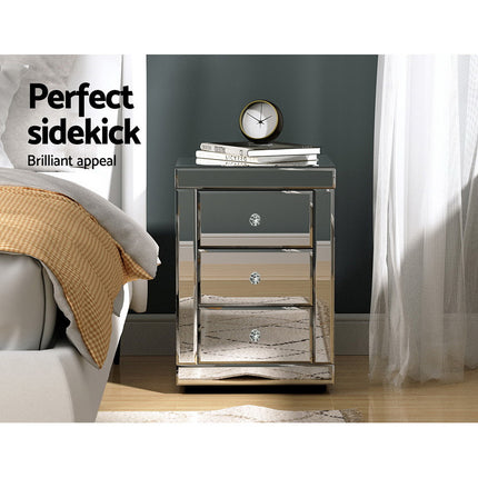 Artiss Set of 2 Bedside Table 3 Drawers Mirrored Glass - PRESIA Silver.