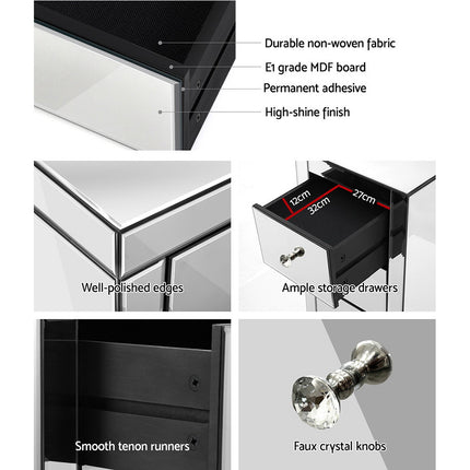 Artiss Set of 2 Bedside Table 3 Drawers Mirrored Glass - PRESIA Silver.