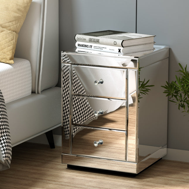 Artiss Set of 2 Bedside Table 3 Drawers Mirrored Glass - PRESIA Silver.