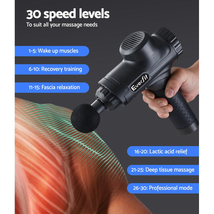 Everfit Massage Gun 30 Speed 6 Heads Vibration Muscle Massager Chargeable Black.