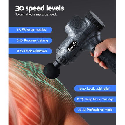 Everfit Massage Gun 30 Speed 6 Heads Vibration Muscle Massager Chargeable Grey.