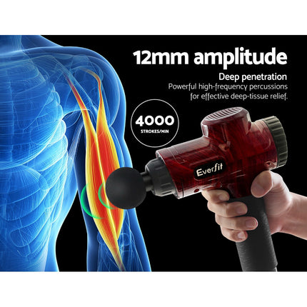 Everfit Massage Gun 30 Speed 6 Heads Vibration Muscle Massager Chargeable Red.