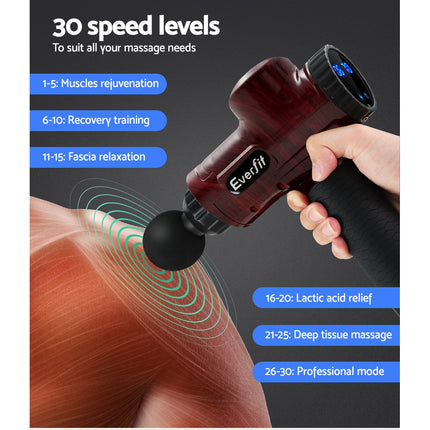 Everfit Massage Gun 30 Speed 6 Heads Vibration Muscle Massager Chargeable Red.