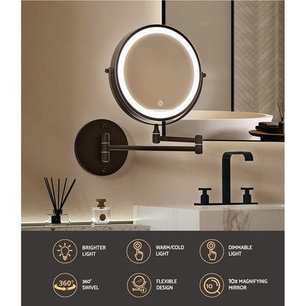 Embellir Extendable Makeup Mirror 10X Magnifying Double-Sided Bathroom Brown.