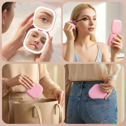 Embellir LED Compact Mirror Lighted Travel Makeup Mirror Pocket-Sized 1x 10x Magnification Square Pink.