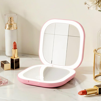 Embellir LED Compact Mirror Lighted Travel Makeup Mirror Pocket-Sized 1x 10x Magnification Square Pink.