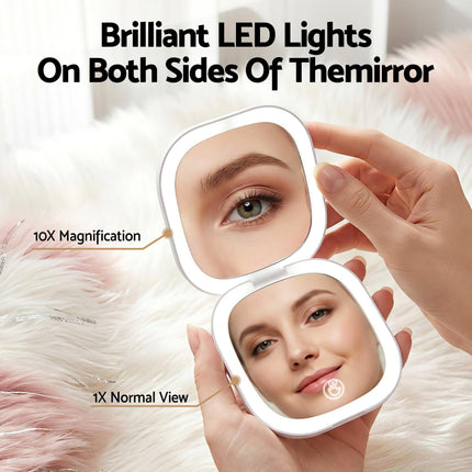 Embellir LED Compact Mirror Lighted Travel Makeup Mirror Pocket-Sized 1x 10x Magnification Square White.