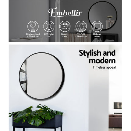 Embellir Wall Mirror Makeup 50cm Home Decor Framed Mirrors Bathroom Round Black.