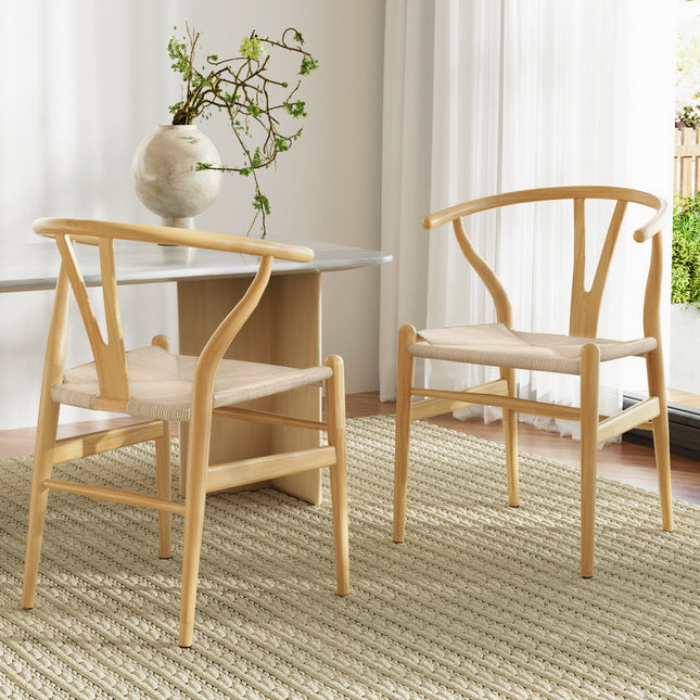 1 Set of 2 Artiss Dining Chairs Wooden Rattan Seat Wishbone Back.