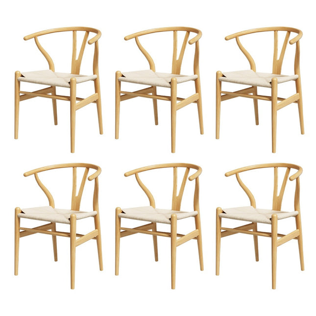 1 Set of 6 Artiss Dining Chairs Wooden Rattan Seat Wishbone Back.