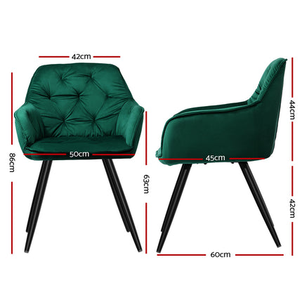 Artiss Dining Chairs Set of 2 Velvet Diamond Tufted Armchair Green.