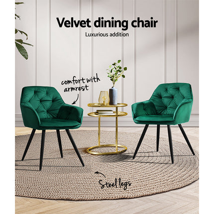 Artiss Dining Chairs Set of 2 Velvet Diamond Tufted Armchair Green.