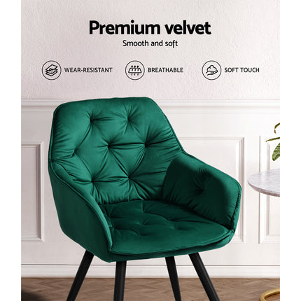 Artiss Dining Chairs Set of 2 Velvet Diamond Tufted Armchair Green.