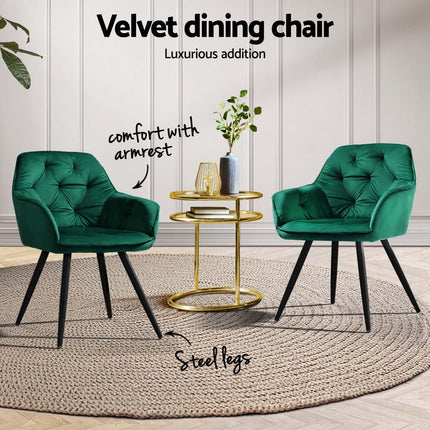 Artiss Dining Chairs Set of 4 Velvet Diamond Tufted Armchair Green.