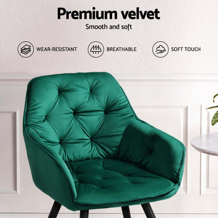Artiss Dining Chairs Set of 4 Velvet Diamond Tufted Armchair Green.