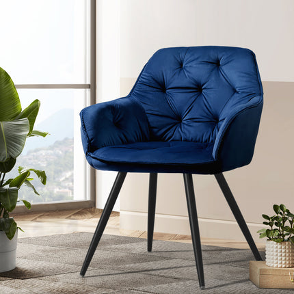 Artiss Dining Chairs Set of 2 Velvet Diamond Tufted Armchair Blue.