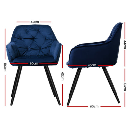 Artiss Dining Chairs Set of 2 Velvet Diamond Tufted Armchair Blue.