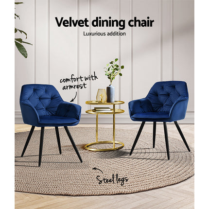 Artiss Dining Chairs Set of 2 Velvet Diamond Tufted Armchair Blue.