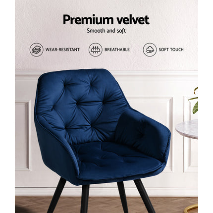 Artiss Dining Chairs Set of 2 Velvet Diamond Tufted Armchair Blue.