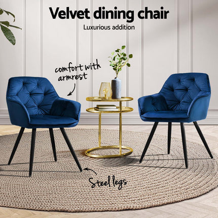 Artiss Dining Chairs Set of 4 Velvet Diamond Tufted Armchair Blue.