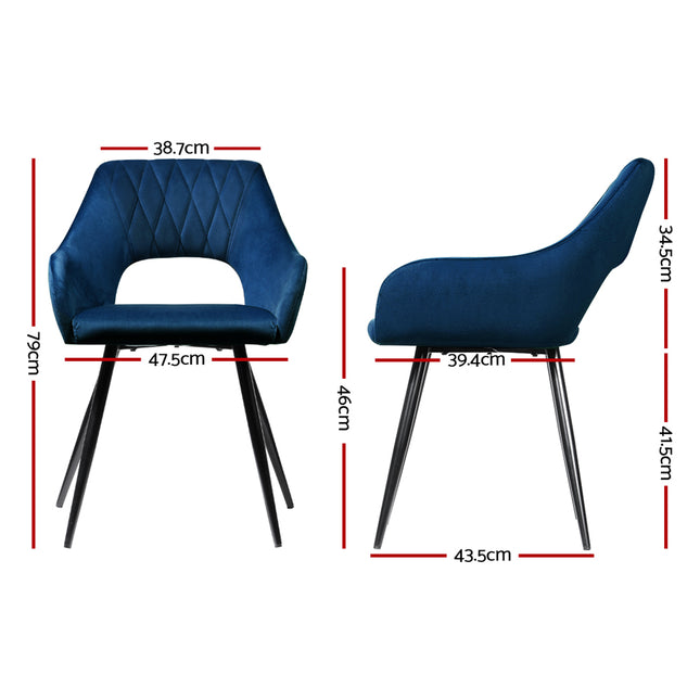 Artiss Dining Chairs Set of 2 Velvet Hollow Armchair Blue.