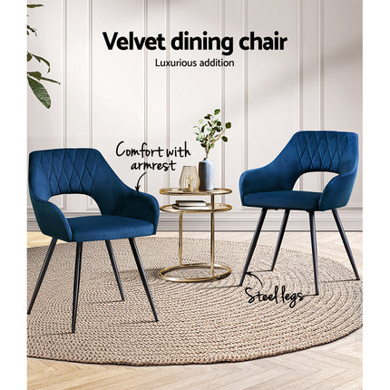 Artiss Dining Chairs Set of 2 Velvet Hollow Armchair Blue.