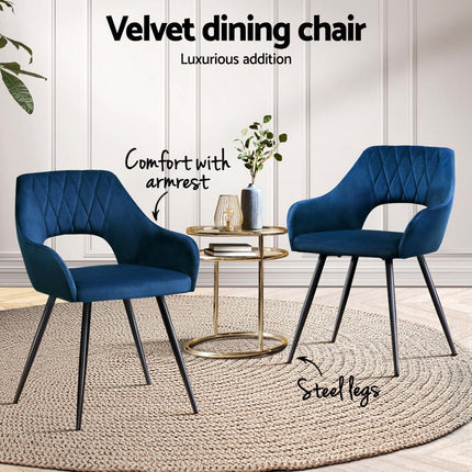 Artiss Dining Chairs Set of 4 Velvet Hollow Armchair Blue.