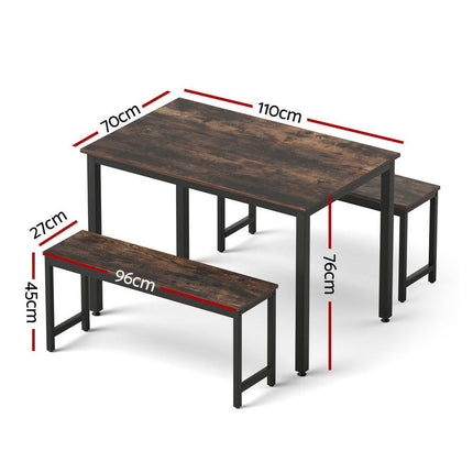 Artiss Dining Table and Chairs Set 3PCS Kitchen Metal Desk Bench Dark Walnut.