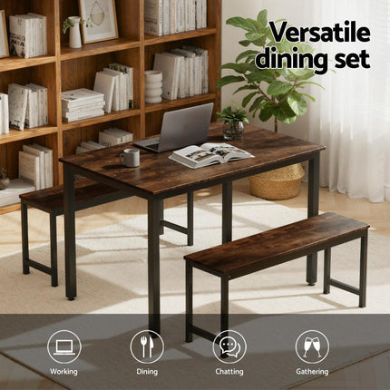 Artiss Dining Table and Chairs Set 3PCS Kitchen Metal Desk Bench Dark Walnut.