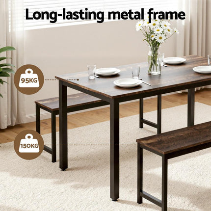 Artiss Dining Table and Chairs Set 3PCS Kitchen Metal Desk Bench Dark Walnut.