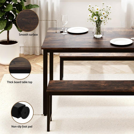Artiss Dining Table and Chairs Set 3PCS Kitchen Metal Desk Bench Dark Walnut.