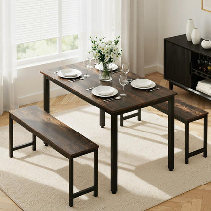 Artiss Dining Table and Chairs Set 3PCS Kitchen Metal Desk Bench Dark Walnut.