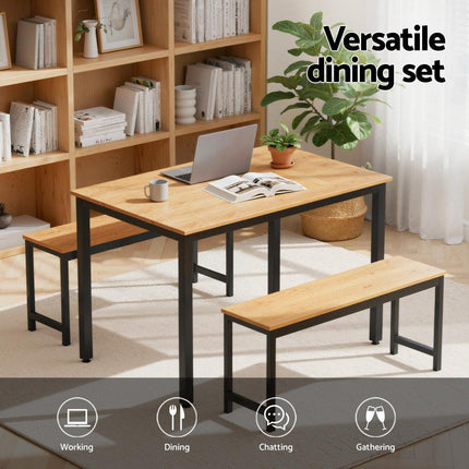 Artiss Dining Table and Chairs Set 3PCS Kitchen Metal Desk Bench Natural Oak.