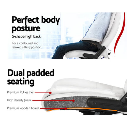 Artiss 8 Point Massage Office Chair Heated Seat Recliner PU White.
