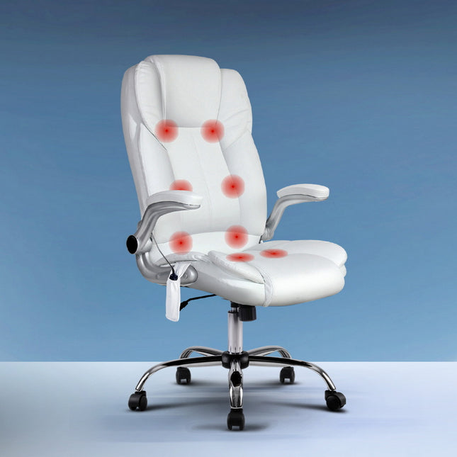 Artiss 8 Point Massage Office Chair PU Leather White.