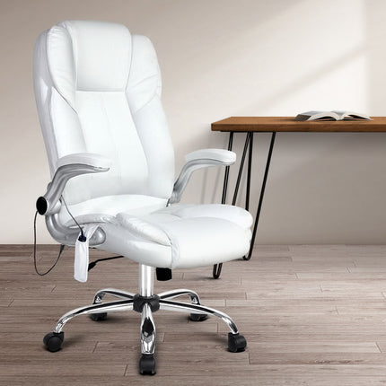 Artiss 8 Point Massage Office Chair PU Leather White.