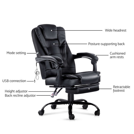 Artiss 2 Point Massage Office Chair PU Leather Footrest Black.