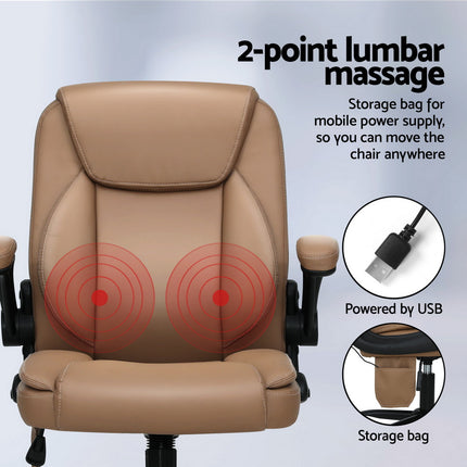 Artiss 2 Point Massage Office Chair Leather Mid Back Brown.