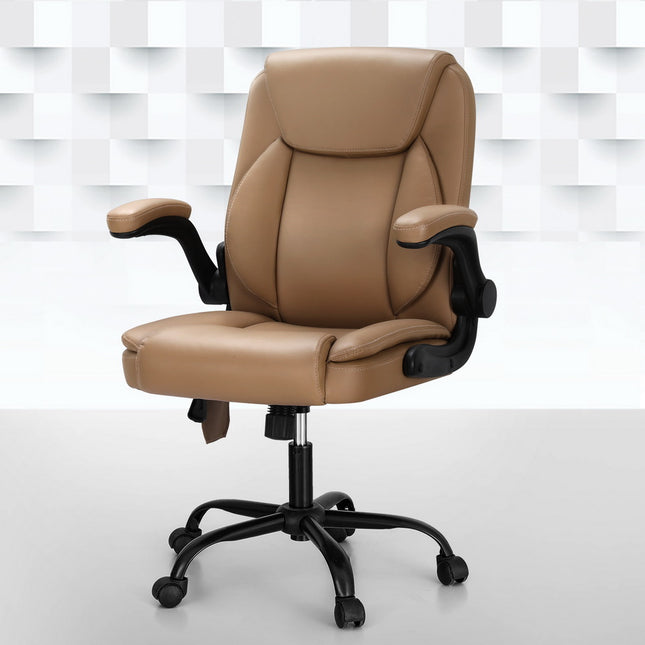 Artiss 2 Point Massage Office Chair Leather Mid Back Brown.