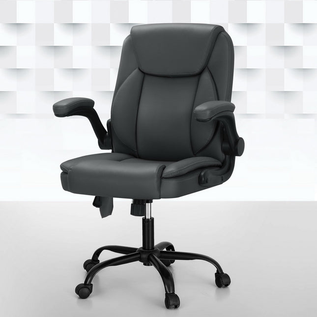 Artiss 2 Point Massage Office Chair Leather Mid Back Grey.