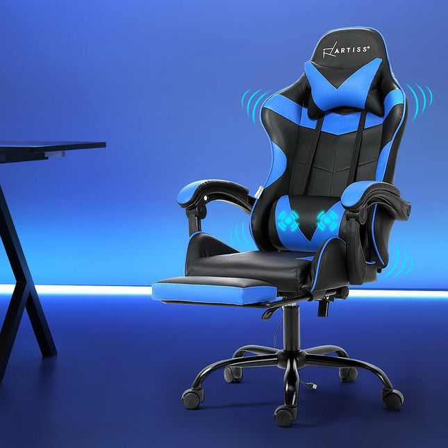 Artiss 2 Point Massage Gaming Office Chair Footrest Blue.