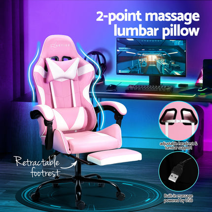 Artiss 2 Point Massage Gaming Office Chair Footrest Pink.