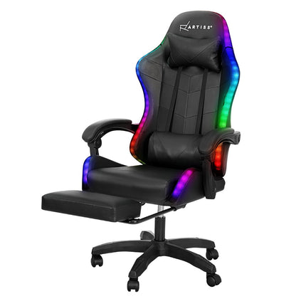 Artiss 6 Point Massage Gaming Office Chair 7 LED Footrest Black.