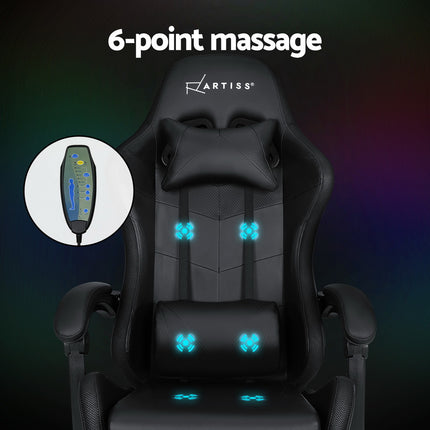 Artiss 6 Point Massage Gaming Office Chair 7 LED Footrest Black.